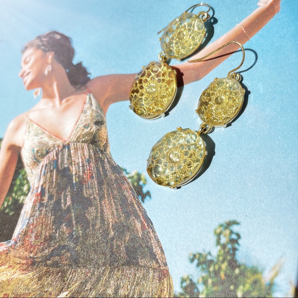 Gold Lace Filigree Faux Crystal DoubleDrop Earring